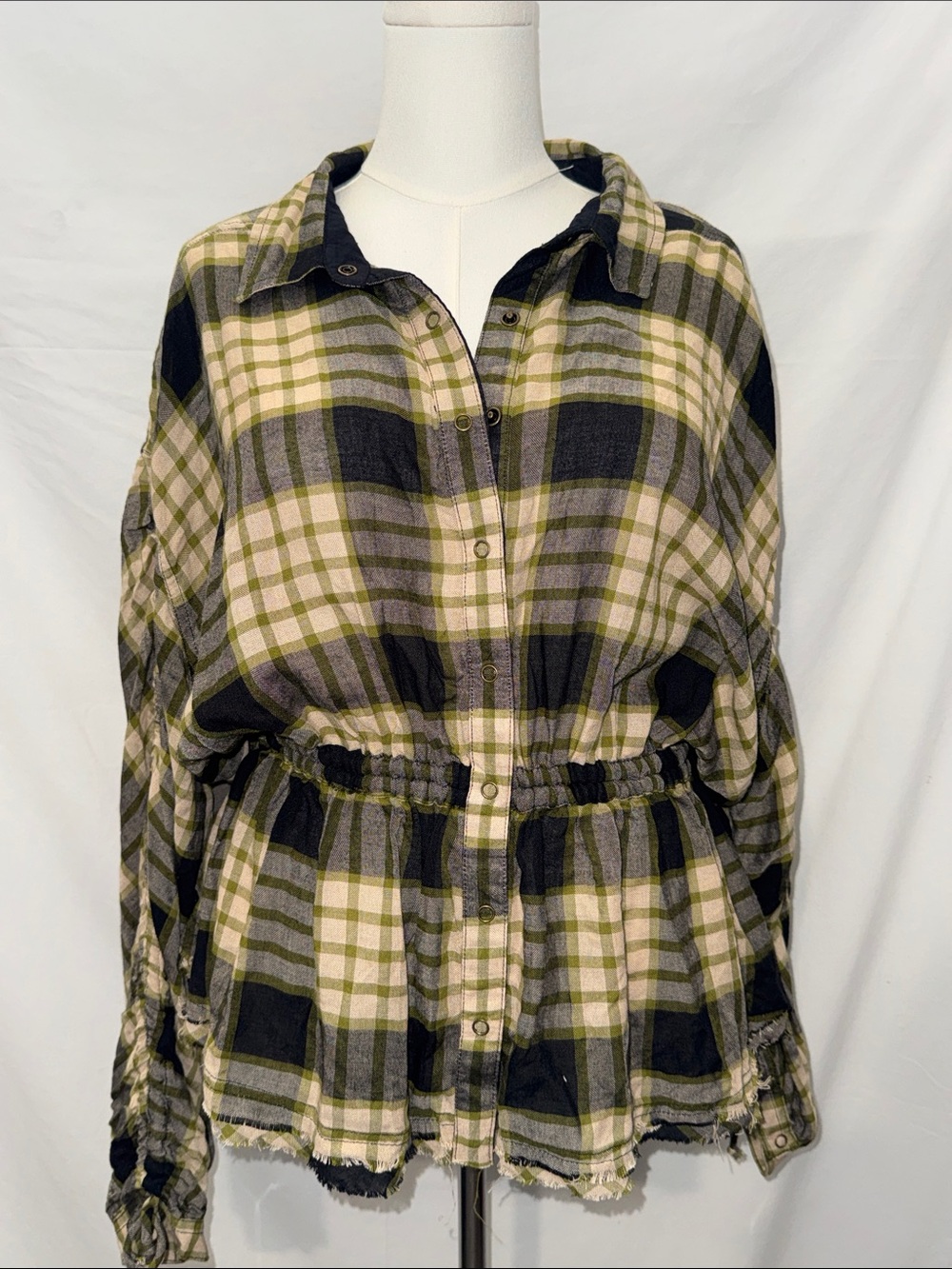 Free People Olive Green and Black Plaid Drawstring Button-Up Top